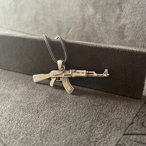 Sterling Silver AK47 Rifle Pendant Necklace, Oxidized Combat Style Jewelry image 4