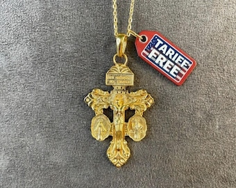 Real Gold Pardon Crucifix Pendant, Jesus Necklace, Miraculous Medal St Benedict Medal, Sacramental Jewelry