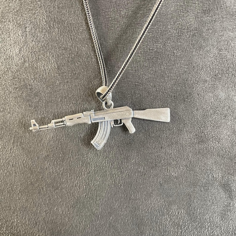 Sterling Silver AK47 Rifle Pendant Necklace, Oxidized Combat Style Jewelry image 7