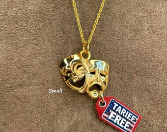 Gold Comedy and Tragedy Pendant, Solid Mask, Theater Gift, Symbol of Drama, Dainty Necklace