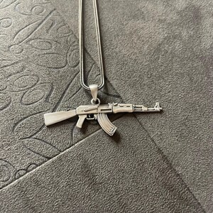 Sterling Silver AK47 Rifle Pendant Necklace, Oxidized Combat Style Jewelry image 3