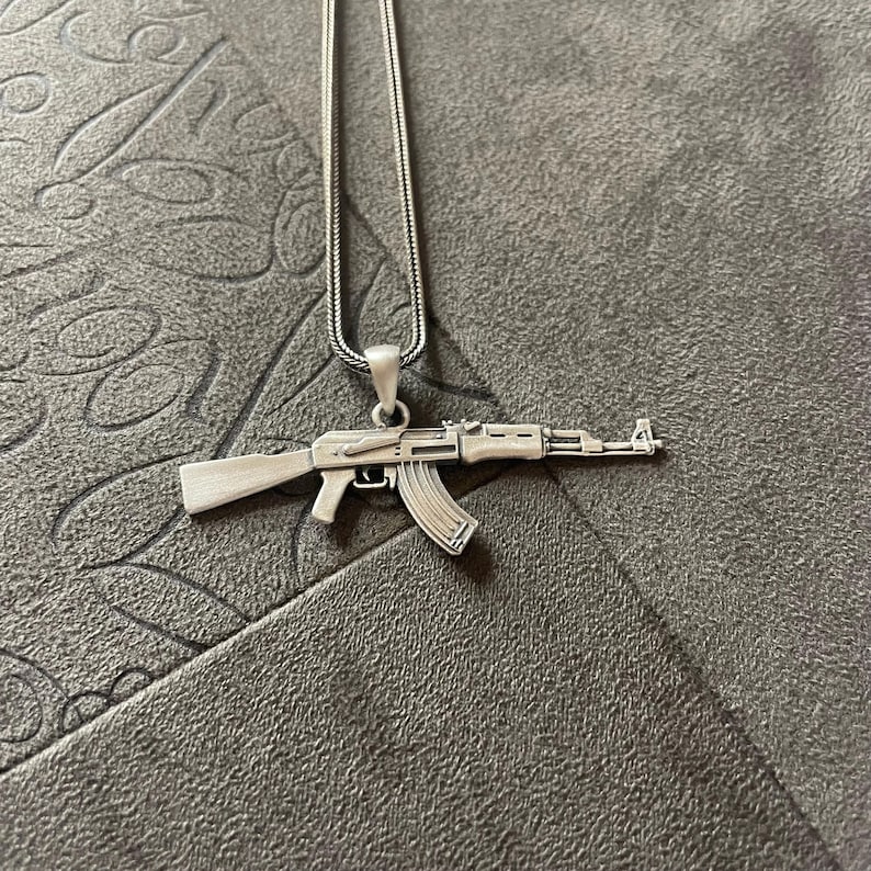 Sterling Silver AK47 Rifle Pendant Necklace, Oxidized Combat Style Jewelry image 3