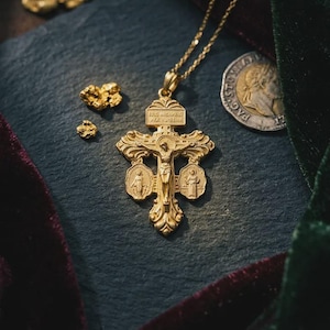 Colgante de crucifijo de oro auténtico con perdón, collar con medalla de San Benito de Jesús Milagroso, joyería católica.