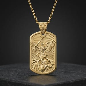 Real Gold Archangel Saint Michael Pendant Necklace, Victory Over Devil, Unisex Religious Jewelry, Gold Cross Pendant, 14K Cross Necklace