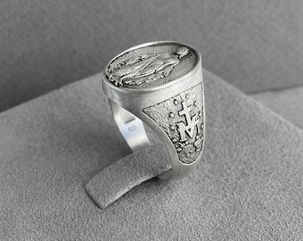 Sterling Silver Miraculous Medal Signet Ring, Virgin Mary Christian Jewelry