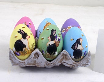 Easter Eggs Hand Painted Whimsical Folk Art Bunny rabbit
