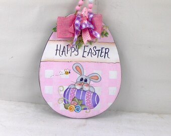 Easter Egg Sign Hand Painted Whimsical  Primitive Folk Art Easter Bunny Bee