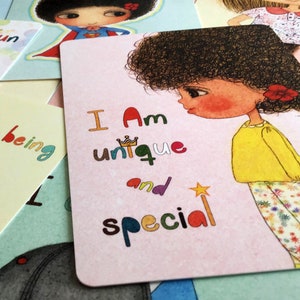 I am unique affirmation cards, self-worth cards for girl, happy kids affirmation cards, children mental health cards, mindfulness gift for children, positive affirmations, daily affirmations for kids