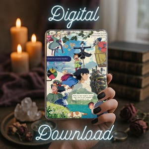May include: A digital download featuring a collage of anime characters and scenes. The design includes the words "Digital" and "Download" in a glowing script. The artwork is held in a hand with black nail polish, with candles and books in the background.