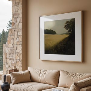 Von der Natur inspirierte Wandkunst - Feld und Bäume Druck - Neutrale Töne Wohnkultur - Landschaftsmalerei - Erdiges Grün Poster - Gelassen