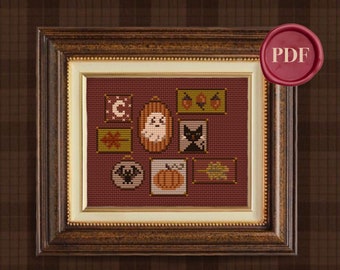 Modèle mural halloween au point de croix - PDF téléchargeable - petit modèle simple - automne, citrouille, fantôme, lune, chauve-souris, festif, mignon