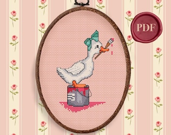 Vintage Goose with Paintbrush Cross Stitch Pattern - Downloadable PDF - Small Simple - Country Geese - Farm Animal - Nursery - Cute Gift