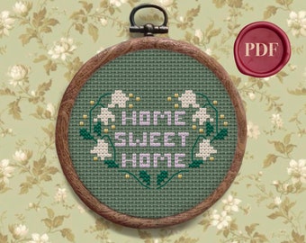 Vintage Home Sweet Home Cross Stitch Pattern - Downloadable PDF - Small Simple - Lily of the Valley - Floral Cross Stitch