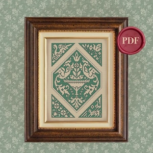 Può includere: Un motivo a punto croce incorniciato con un design geometrico verde e bianco con uccelli stilizzati e motivi floreali. Il motivo è intitolato "PDF" nell'angolo in alto a destra.