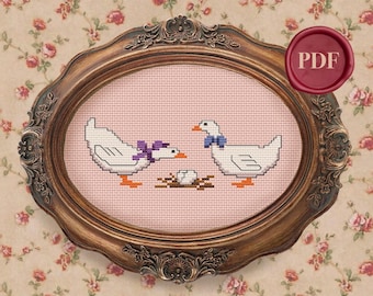 Vintage Country Geese Cross Stitch Pattern - Downloadable PDF - Small Simple