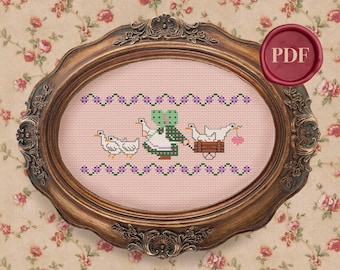 Vintage Girl with Geese Cross Stitch Pattern - Downloadable PDF - Small Simple - Country