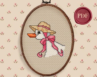 Schema vintage per punto croce con oca - PDF scaricabile Piccolo semplice fai da te carino retrò regalo oche pastello cottagecore decorazione cucina accogliente