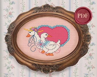 Vintage Country Geese Cross Stitch Pattern - Downloadable PDF - Small Simple - Cute - Animal - 90s