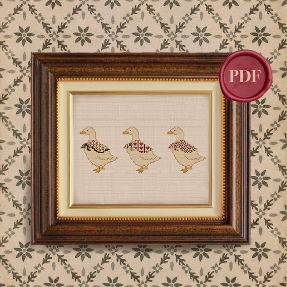 Vintage Little French Geese Cross Stitch Pattern - Downloadable PDF - Small Simple - Country - Farm Animal - Neutral - Minimalist