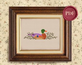 Vintage Swimming Duck Cross Stitch Pattern - Downloadable PDF - Small Simple - Mallard Duck