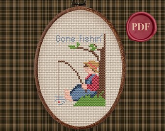 Vintage Gone Fishin Cross Stitch Pattern - Downloadable PDF - Small Simple - Fishing - Men&#39;s Gift