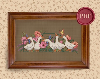 Vintage Country Geese Garden Cross Stitch Pattern - Downloadable PDF - Small Simple - Farm Animal - Nursery - Cute Gift - Floral