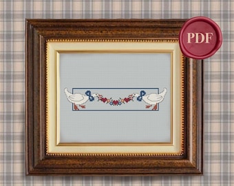 Vintage Country Geese Garland Cross Stitch Pattern - Downloadable PDF - Small Simple