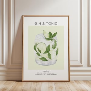 Póster de cóctel de gin tonic / Póster elegante de ginebra para arte mural de cocina / Arte mural de cócteles / Decoración de bar: regalo perfecto para los amantes de la ginebra