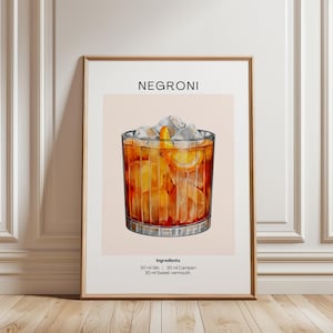 Póster de cóctel Negroni / Póster de bebida / Arte mural de cocina y decoración de bar para amantes de los cócteles / Póster de alcohol / Póster de cócteles