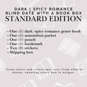 May include: A Dark | Spicy Romance Blind Date With A Book Box Standard Edition containing one book, one annotation packet, one pouch, one bookmark, two stickers, and a shipping box. The text notes that item styles and colors may vary.