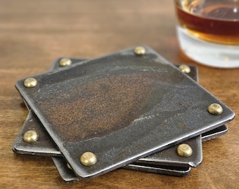 Handmade Industrial Steel Coasters: Weathered Finish, 4in x 4in; Square, set of 4, Made in America