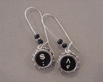 Typewriter Key Earrings Dollars and Cents Typewriter Key Jewelry Earrings w/crystals recycled jewelry steampunk jewelry