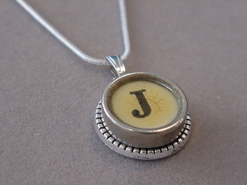 Typewriter key jewelry necklace Aged CREAM LETTER J Typewriter Key Necklace Initial J serif font Initial Necklace J image 2