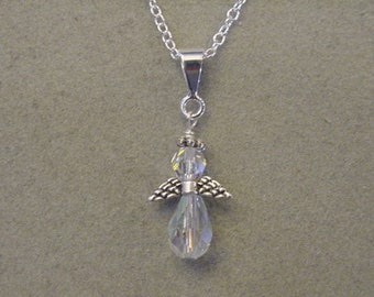 CRYSTAL AB ANGEL Necklace Petite Angel pendant Necklace Made with Swarovski crystals Choice Silver or Gold