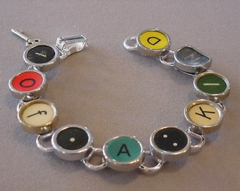 Typewriter key Bracelet Spells 1 of A KIND RED AQUA Colorful Typewriter key Jewelry Recycled jewelry repurposed typewriter keys