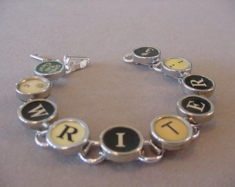 Typewriter key Jewelry Bracelet spells WRITER  Black and cream Typewriter key Bracelet Steampunk Jewelry recycled jewelry