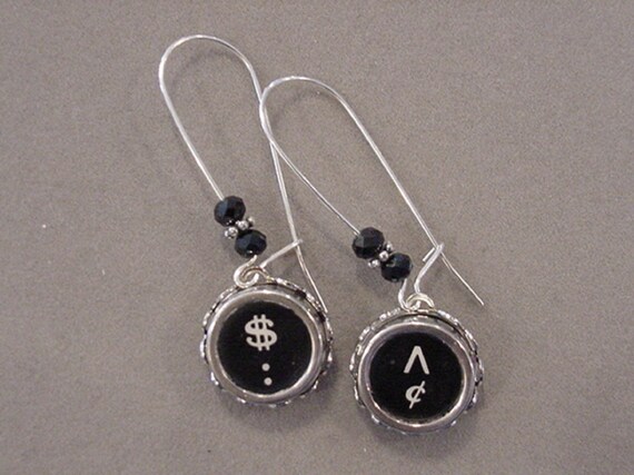 magiccloset Typewriter Key Earrings Dollars and Cents Typewriter Key Jewelry Earrings W Crystals Recycled Jewelry Steampunk Jewelry