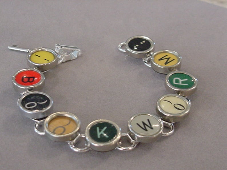Typewriter key jewelry Bracelet Spells BOOKWORM Rare Colors Typewriter key Bracelet recycled jewelry steampunk jewelry