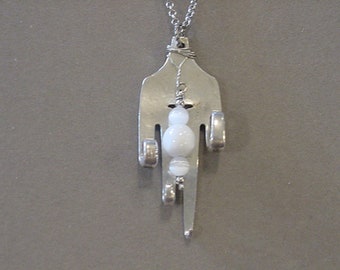 Vintage Fork Necklace with curled tines white cats eye beads Spoon Jewelry Silverware jewelry recycled jewelry steampunk