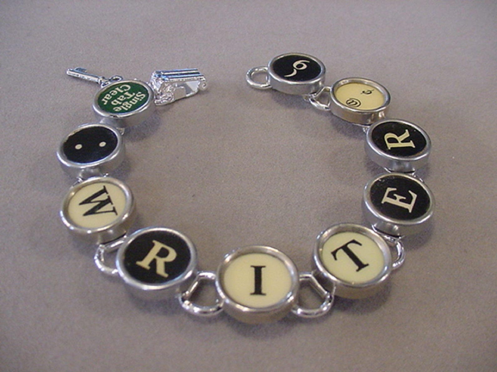 Typewriter key Jewelry Bracelet spells WRITER Black and cream Typewriter key Bracelet Steampunk Jewelry recycled jewelry