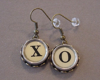 Bronze Typewriter Key Jewelry Earrings X O HUGS and KISSES Cream Typewriter Key Earrings recycled jewelry steampunk