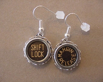 Typewriter Key Earrings SHIFT LOCK MARGIN Release Glass covered Vintage Typewriter key Jewelry