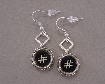 Vintage Typewriter Key Earrings HASHTAG w/square jump rings Typewriter key Jewelry Earrings recycled jewelry steampunk jewelry