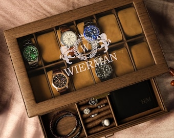 Caja de reloj personalizada para hombre de dos capas con 12 ranuras / con cajón para 12 relojes / Caja de reloj de cuero granulado / Aniversario para él