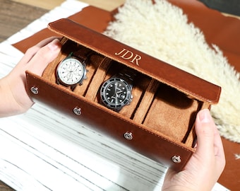 Personalized Leather Watch Box, Watch Roll for 3 Watches, Valentines Gifts for Men,Custom Travel Watch Box,Personalized Gift for Dad