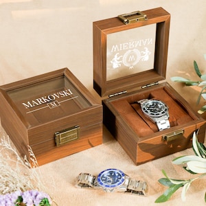 Watch Box w/ Glass Top & Pillow- Wood  Watch Gift Box, Wedding Day Groom Gift, Reverse Proposal Box