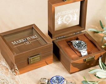 Watch Box w/ Glass Top & Pillow- Wood  Watch Gift Box, Wedding Day Groom Gift, Reverse Proposal Box