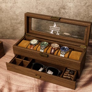 TWEE Lagen Gepersonaliseerde herenhorlogedoos met 6 sleuven | Horlogevitrine met lade voor 6 horloges | Horlogedoos van nerfleer | Jubileum voor hem
