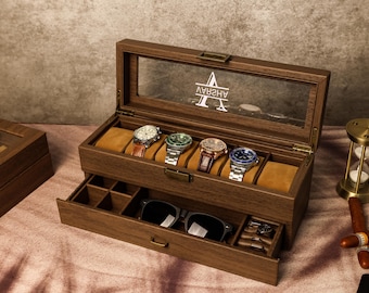 TWO Layers 6 Slot Personalized Men's Watch Box | with Drawer Watch Display Case for 6 Watches |Grain Leather watch box|Anniversary for Him