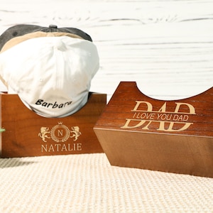 Personalized Wooden Hat Holder, Unique Gifts for Him, Birthday Gift, Custom Wood Hat Box, Cap organizer, Engraved Name, Fathers Day Gift